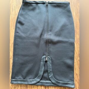 Faux- Leather Trim Black Pencil Skirt with Back Zip Detail